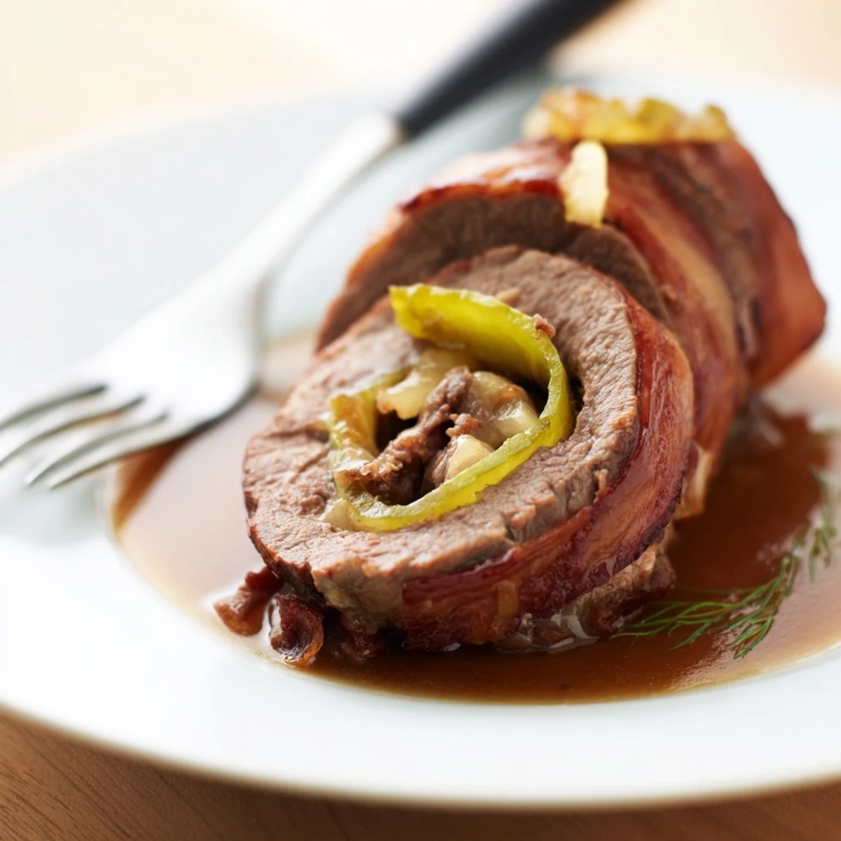 Zarte Beef Rouladen gefüllt mit Speck, Zwiebeln und Gewürzgurken in reichhaltiger Soße.