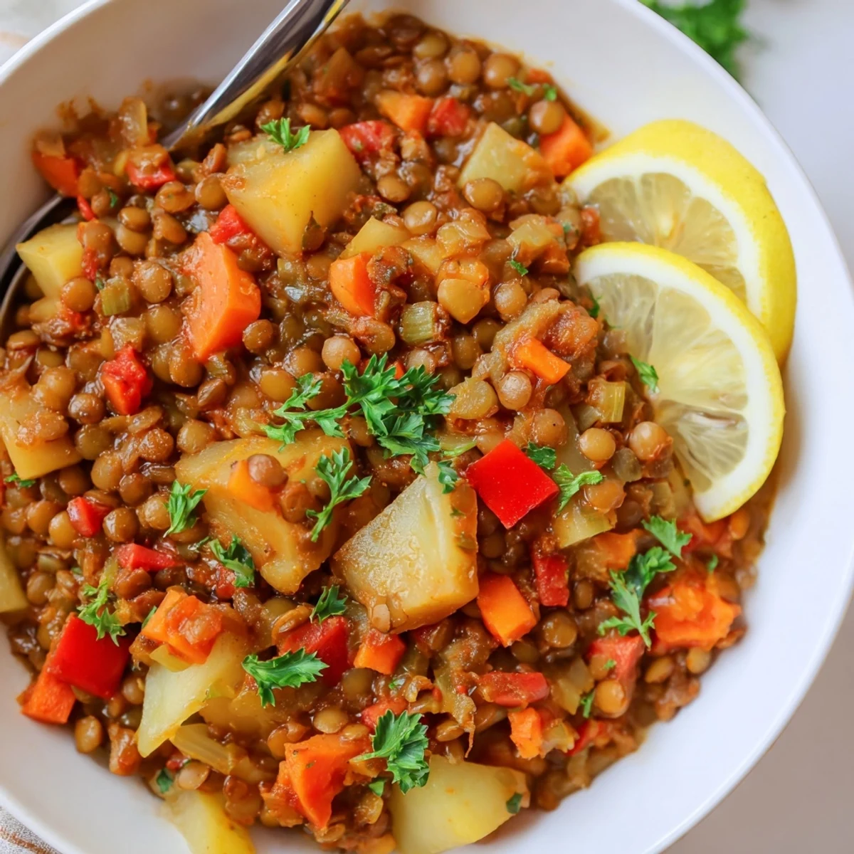 Bunter One-Pot-Linseneintopf, gefüllt mit Gemüse und einer Prise frischer Petersilie.