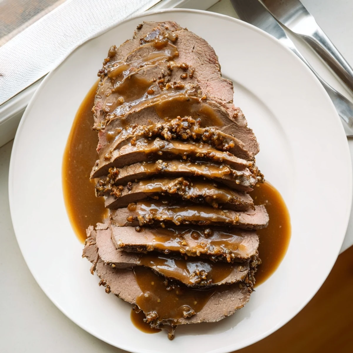 Zartes Sauerbraten mit reichhaltiger Soße, ideal für ein gemütliches Abendessen.