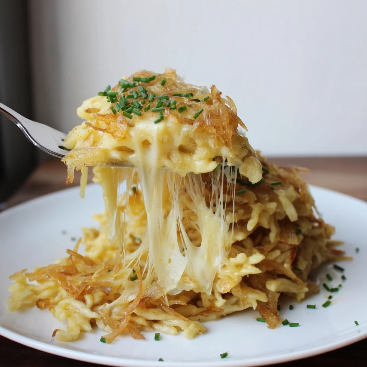 Spätzle mit Käse, frisch gebacken, serviert mit goldbraunen Zwiebeln und Kräutern.  