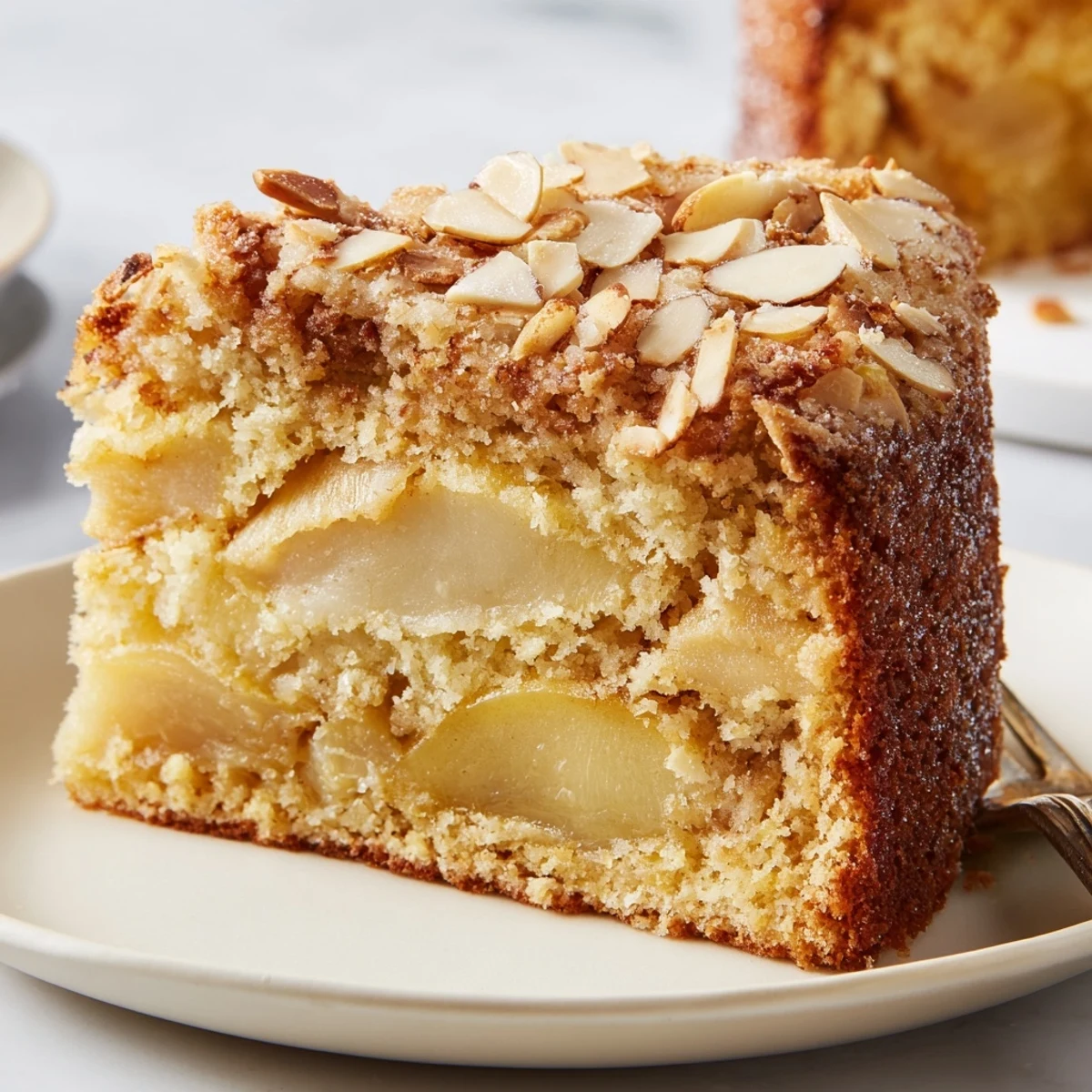 Himmlischer deutscher Apfelkuchen, gefüllt mit frischen Äpfeln und Mandelscheiben.