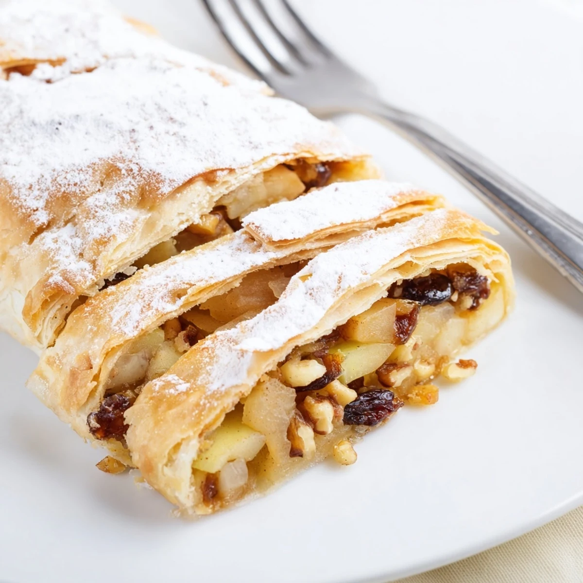Zarte Apfelstrudel-Scheiben, frisch aus dem Ofen, bestäubt mit Puderzucker.