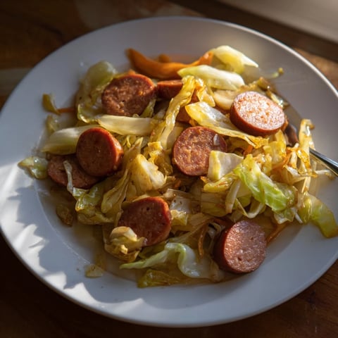Herzhaftes Cabbage and Sausage Skillet mit zartem Gemüse und würziger Wurst.